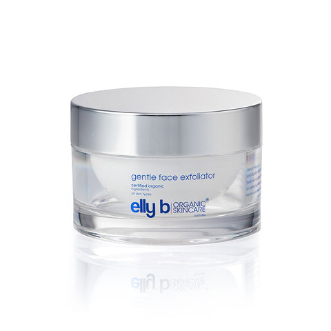 A jar of Gentle Face Exfoliator with a silver lid and navy print on a white background.