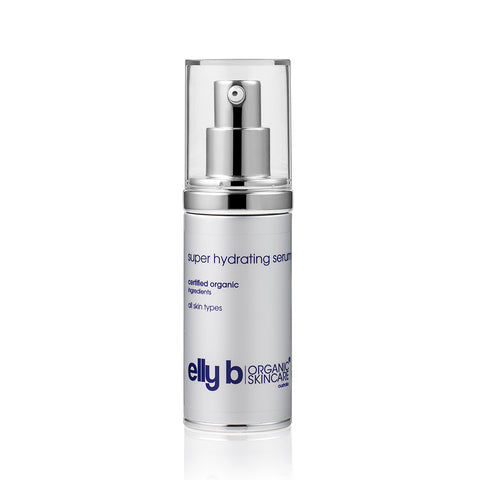 A silver bottle of super hydrating serum on a white background.